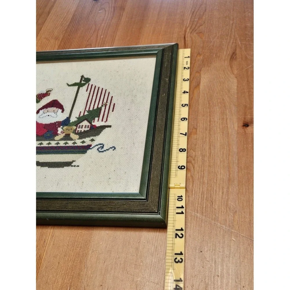 Vintage Santa Ship Cross Stitch Framed Needlepoint Christmas Folk Wall Hanging